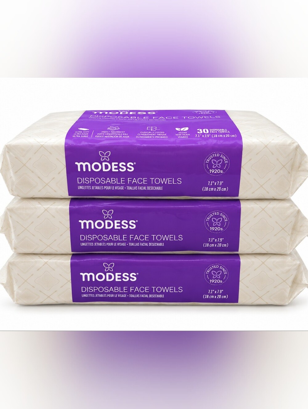 MODESS Disposable Face Dry Towels - Purple - 30 Count (Pack of 3)